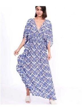 Anthropologie Rujuta Sheth Kaftan blue lotus print v neck dress size M/L